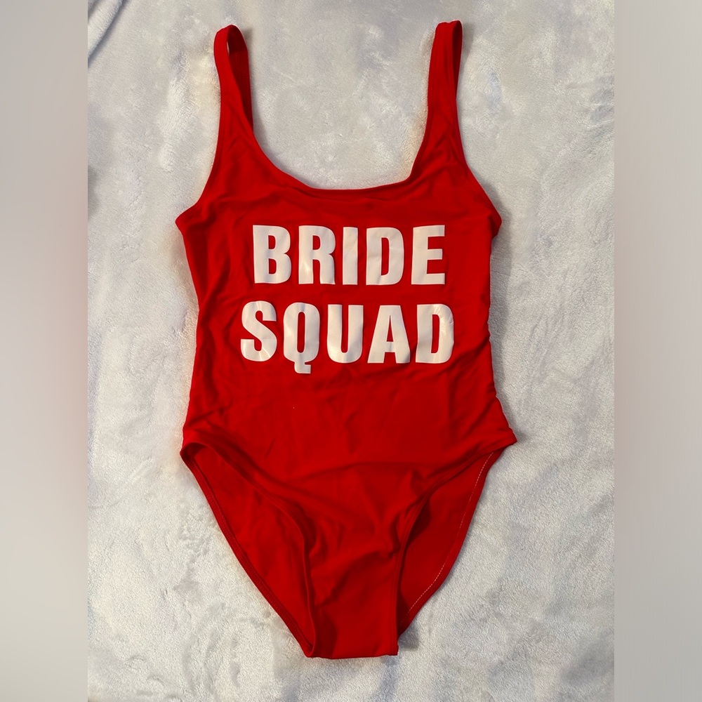 NWOT Bride Squad women’s small red one piece swimsuit. Bridesmaid